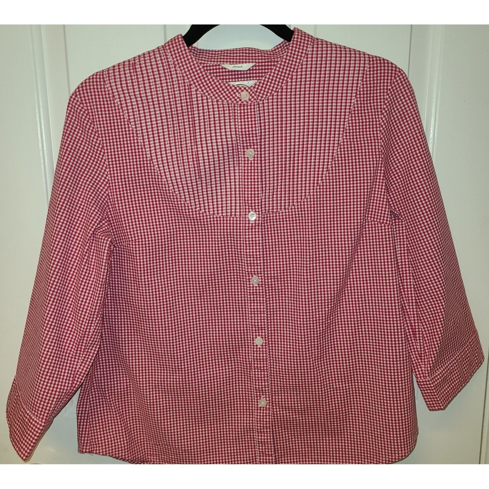 Talbots Top Women's Med Red Checked Button Mock‎ Collar 3/4 Sleeve Stretch